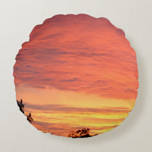 Bright Orange Glowing Cloudy Sunset, Round Pillow