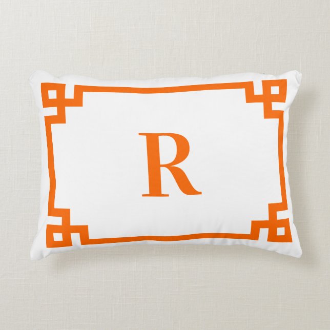 Bright Orange Greek Key Border Monogram Accent Pillow (Front)