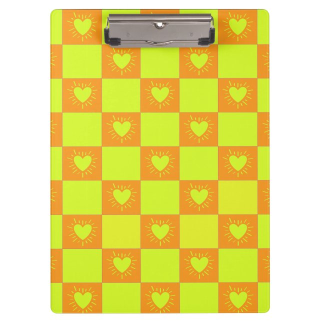 Bright Orange Green Checkered Tile With Hearts Clipboard (Front)
