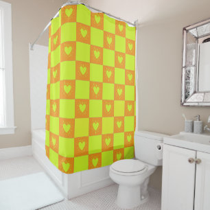 Bright Orange Green Chequered Tile With Hearts
