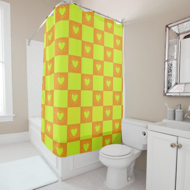 Bright Orange Green Chequered Tile With Hearts (In Situ)