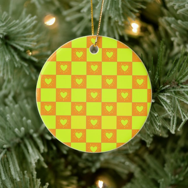 Bright Orange Green Chequered Tile With Hearts Ceramic Ornament (Tree)