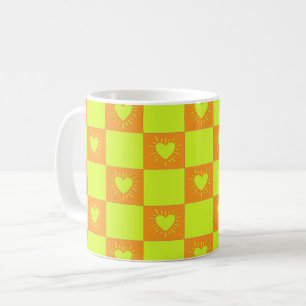 Bright Orange Green Chequered Tile With Hearts Coffee Mug
