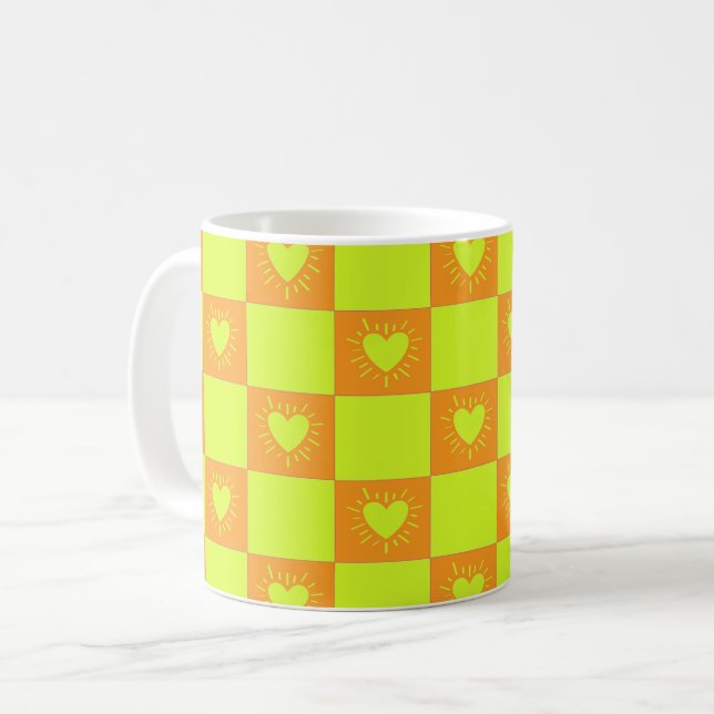Bright Orange Green Chequered Tile With Hearts Coffee Mug (Front Left)