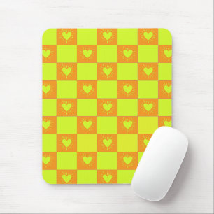 Bright Orange Green Chequered Tile With Hearts Mouse Pad