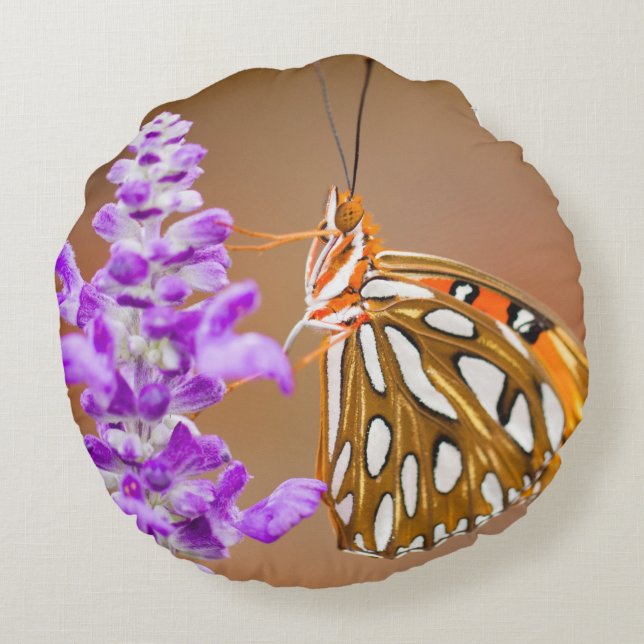 Bright Orange Gulf Fritillary Butterfly Round Pillow (Back)