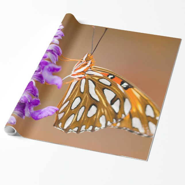 Bright Orange Gulf Fritillary Butterfly Wrapping Paper (Unrolled)