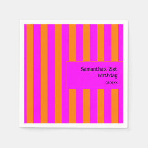 Bright Orange Hot Pink Stripe 21st Birthday Napkin