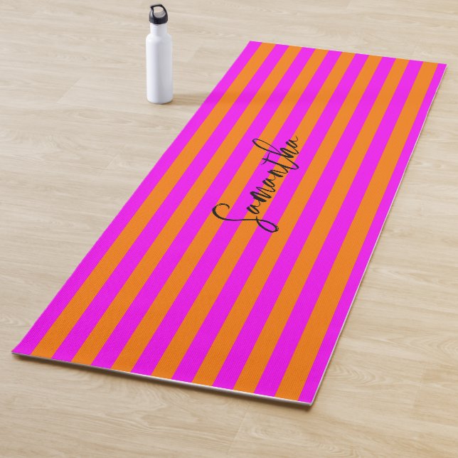 Bright Orange Hot Pink Stripe Pattern Custom Name Yoga Mat (In Situ)