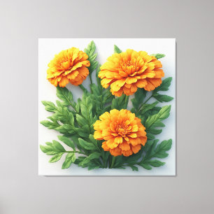 Bright Orange Marigold Flowers With Green Leaves Canvas Print