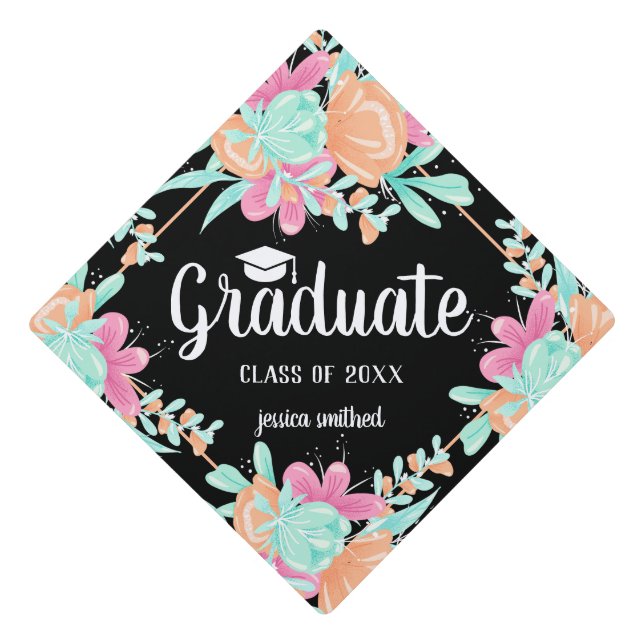 Bright orange pink flowers teal script graduate graduation cap topper (Front)
