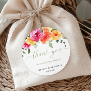 Bright orange pink peonies baby shower favour tags