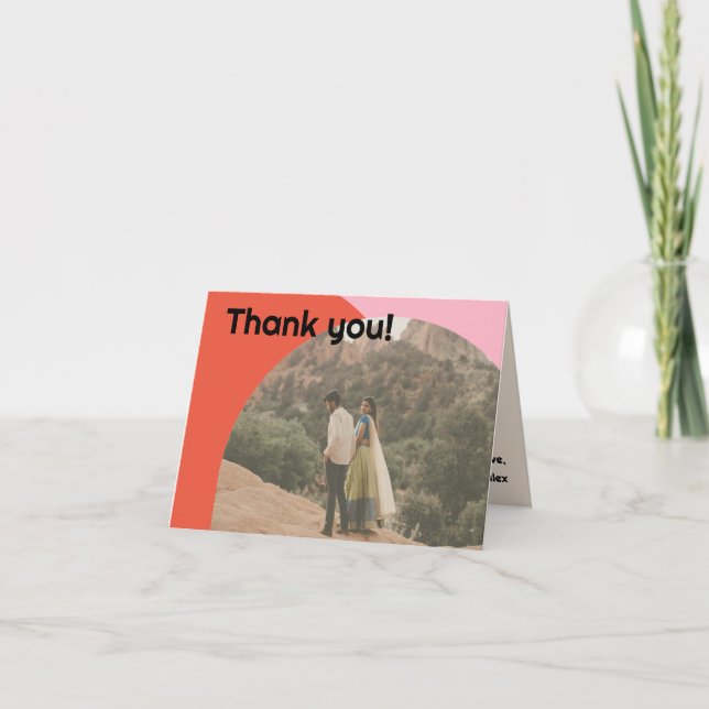 Bright Orange & Pink Retro Budget Photo Wedding Thank You Card (Front)