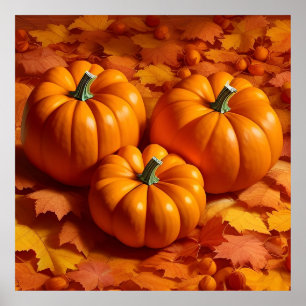 Bright Orange Pumpkins with Autumn Leaves Poster