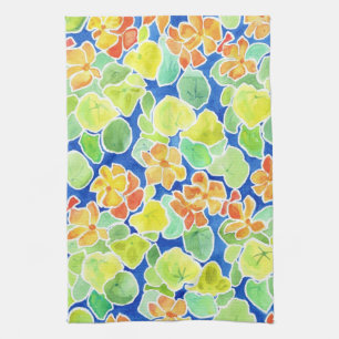 Bright Orange, Red, Yellow Nasturtiums on Blue Kitchen Towel