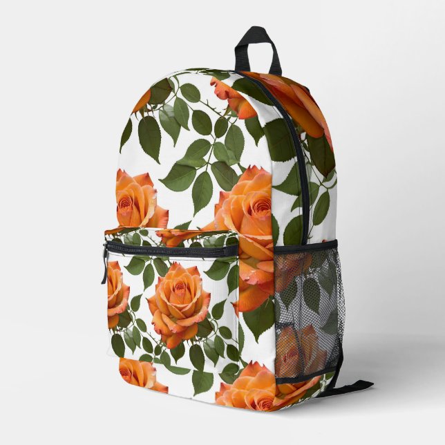 Bright Orange Roses With Green Leaves Printed Backpack (Back Corner Right)