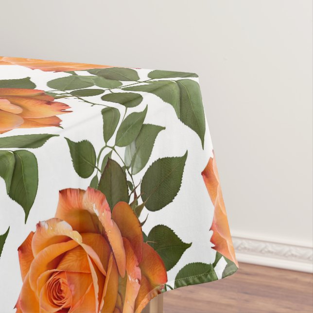 Bright Orange Roses With Green Leaves Tablecloth (In Situ)