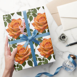 Bright Orange Roses With Green Leaves Wrapping Paper