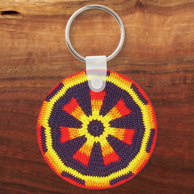 Bright Orange Sunny Yellow Wheel Crochet Print on Keychain (Front)