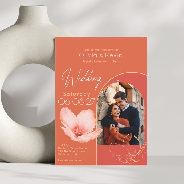 Bright orange Verona sunset arched Photo wedding Invitation (Creator Uploaded)