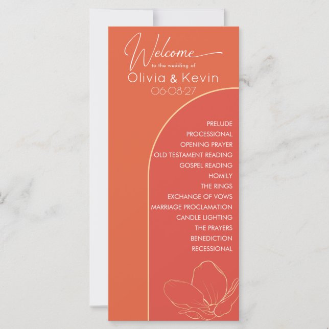 Bright orange Verona sunset arched wedding program (Front)