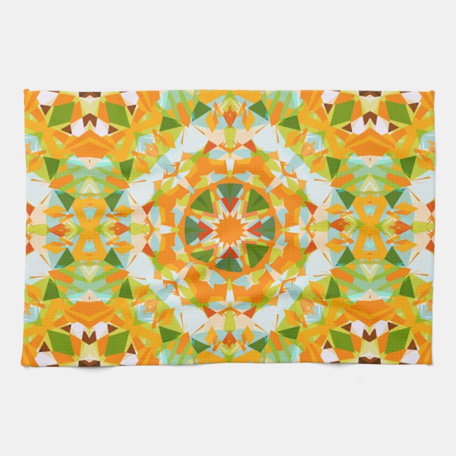 Bright Orange Vibrant Green Star Boho Maximalist Kitchen Towel (Horizontal)