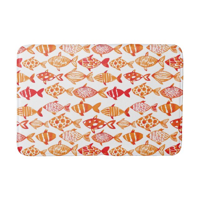 Bright Orange Watercolor Fish Pattern Bath Mat (Front)