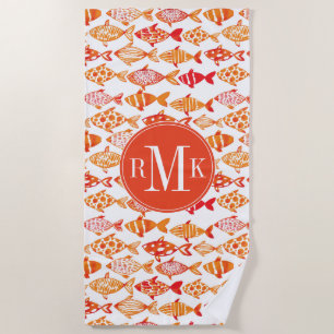 Bright Orange Watercolor Fish Pattern Beach Towel