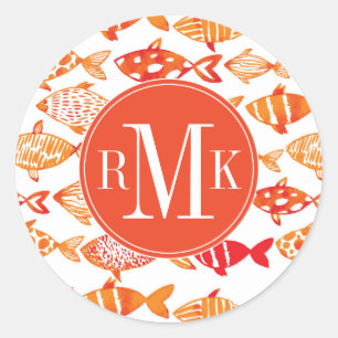 Bright Orange Watercolor Fish Pattern Classic Round Sticker