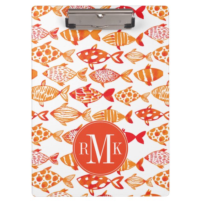 Bright Orange Watercolor Fish Pattern Clipboard (Front)