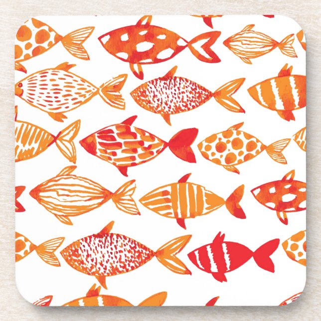 Bright Orange Watercolor Fish Pattern Coaster (Front)