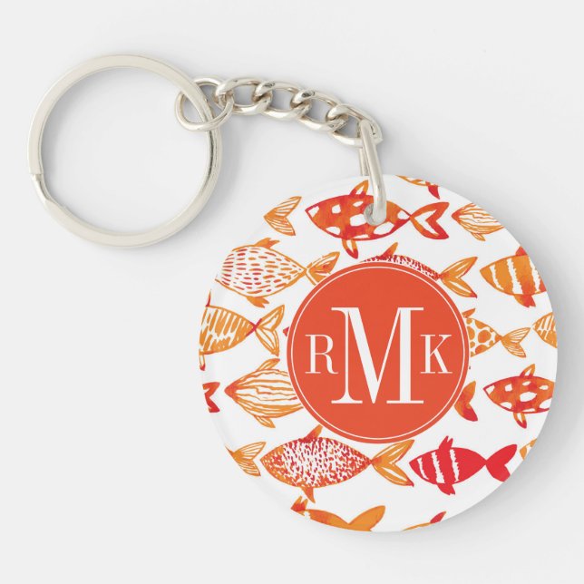 Bright Orange Watercolor Fish Pattern Keychain (Front)