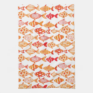Bright Orange Watercolor Fish Pattern Kitchen Towel