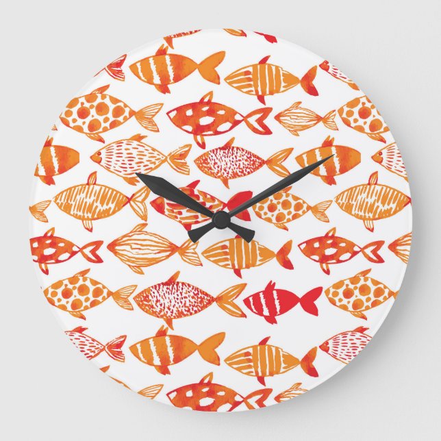 Bright Orange Watercolor Fish Pattern Large Clock (Front)