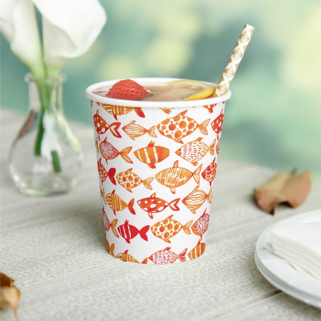 Bright Orange Watercolor Fish Pattern Paper Cups (Insitu)