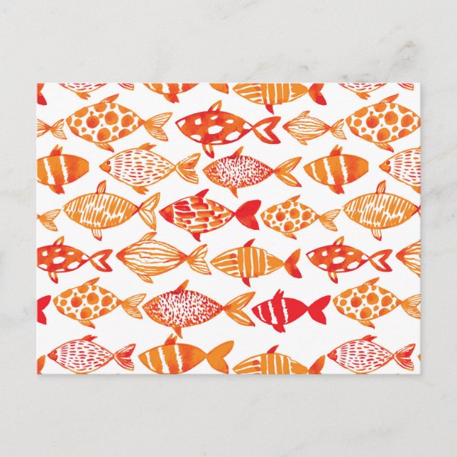 Bright Orange Watercolor Fish Pattern Postcard (Front)