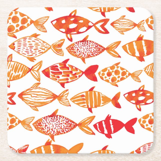 Bright Orange Watercolor Fish Pattern Square Paper Coaster (Front)