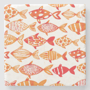 Bright Orange Watercolor Fish Pattern Stone Coaster