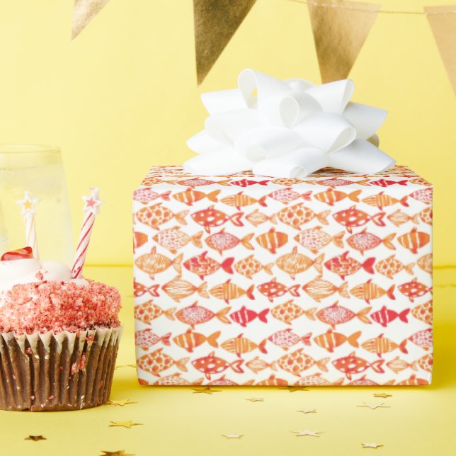 Bright Orange Watercolor Fish Pattern Wrapping Paper (Birthday Party)
