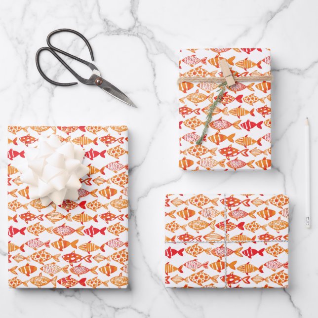Bright Orange Watercolor Fish Pattern Wrapping Paper Sheet (Front)
