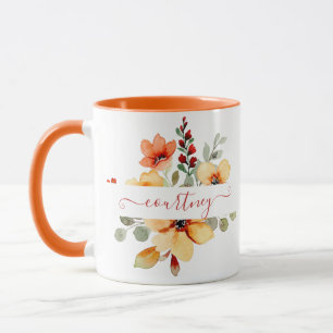 Bright orange watercolor floral personalized mug