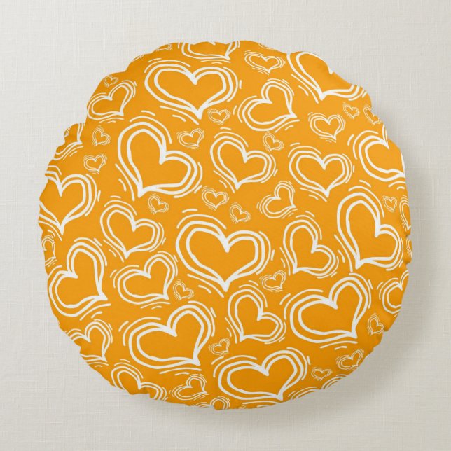 BRIGHT ORANGE WITH WHITE HEARTS AND FLOWERS ROUND PILLOW (Front)