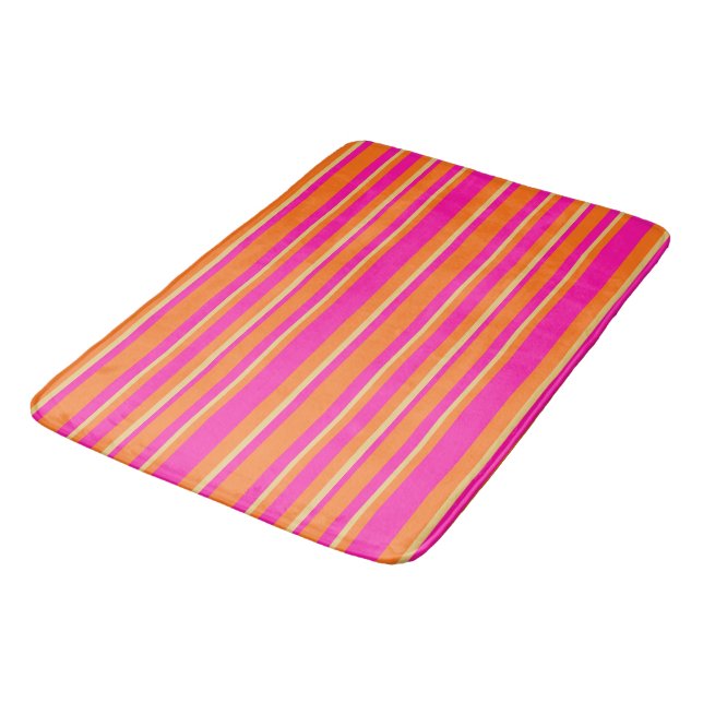 Bright Orange Yellow and Pink Striped Pattern Bath Mat (Angled)
