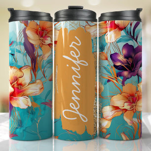 Bright Orchid Floral Add Name Custom Gift Thermal Tumbler