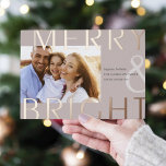 Bright Overlay | Modern Photo Foil Holiday Card<br><div class="desc">A modern and colourful holiday card featuring a horizontal or landscape-oriented photo with "Merry & Bright" overlaid in oversized rose gold foil lettering. Personalize with your custom holiday greeting,  family name,  and the year. A chic and modern minimalist choice for your Christmas 2022cards.</div>