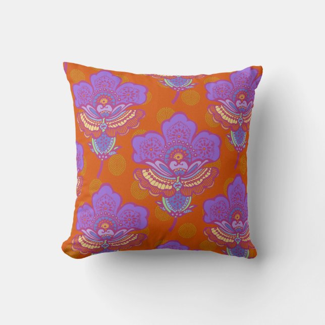 Bright Paisley Florets on Orange Throw Pillow (Front)