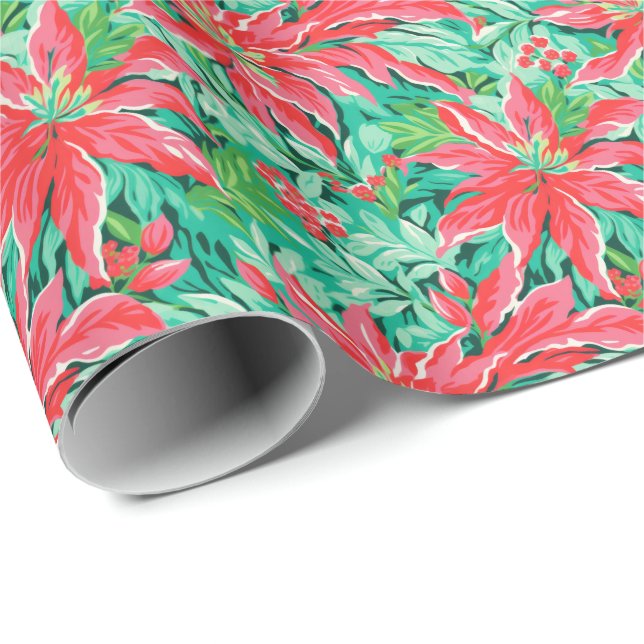 Bright Palm Beach Christmas Poinsettia Watercolor Wrapping Paper (Roll Corner)