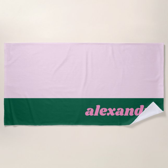 Bright Pastel Colour Block Pink Green Personalized Beach Towel (Front)