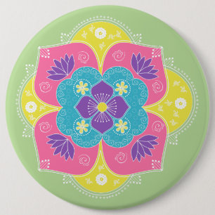 Bright Pastel Lotus Rangoli 6 Inch Round Button