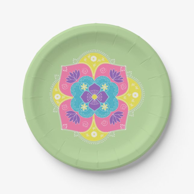 Bright Pastel Lotus Rangoli Paper Plate (Front)